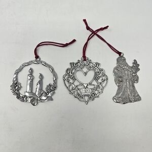 VINTAGE SEAGULL PEWTER CHRISTMAS ORNAMENT BUNDLE LOT OF 3 SANTA CANDLE HEART 90S
